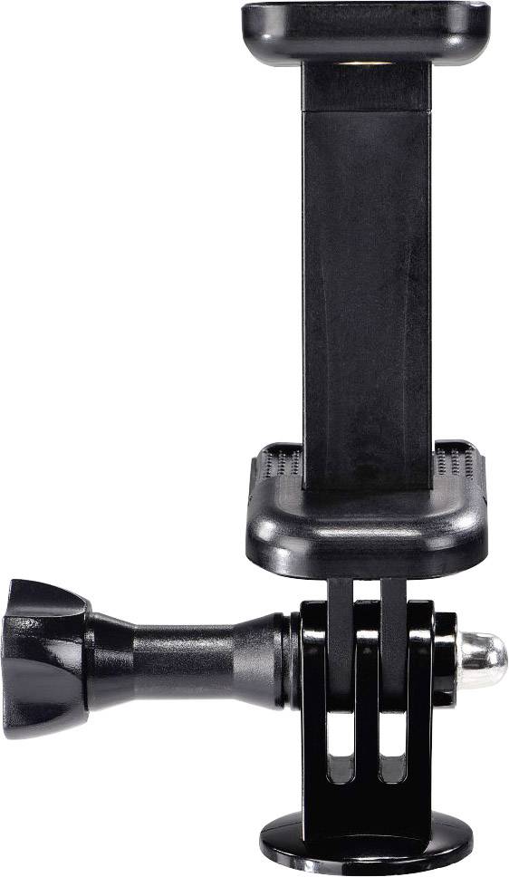 A black smartphone holder with adjustable mount and screw fixing, suitable for attachment to tripods.