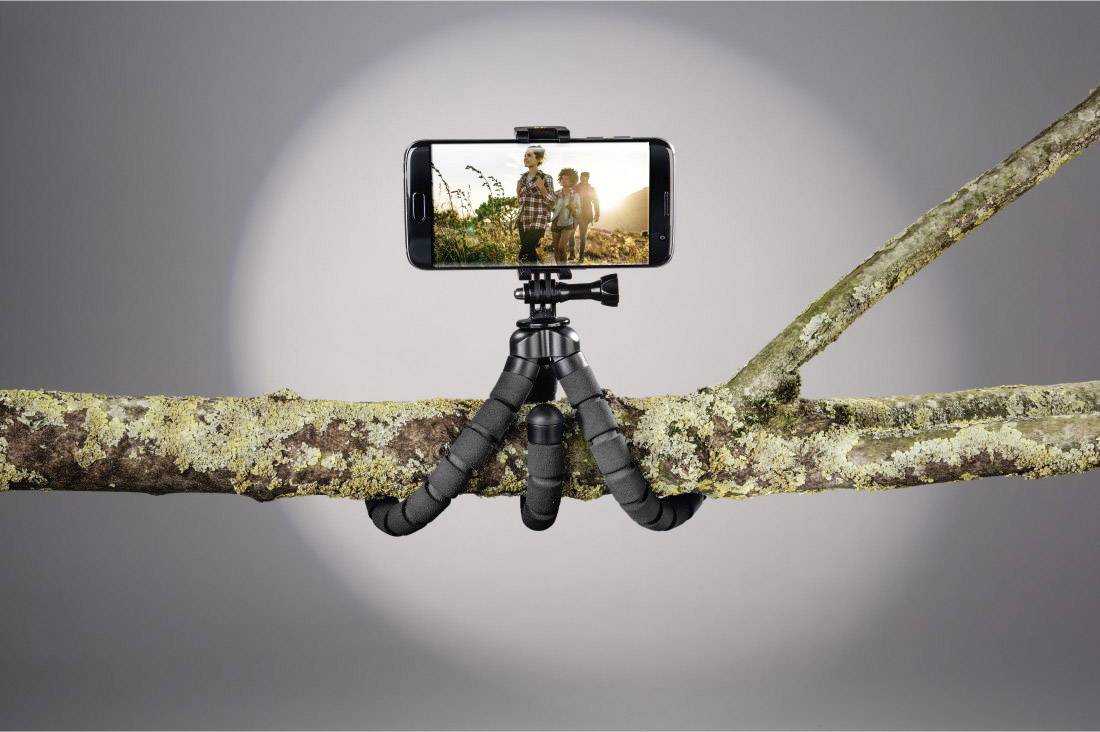 A smartphone on a flexible tripod is attached to a branch. An image of a group of people outdoors is displayed on the screen.