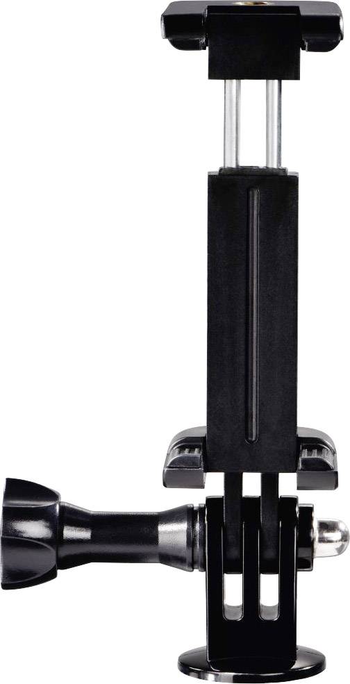 Black and silver tripod adapter for attaching a mobile phone. Includes an adjustable mount and a fixing screw.