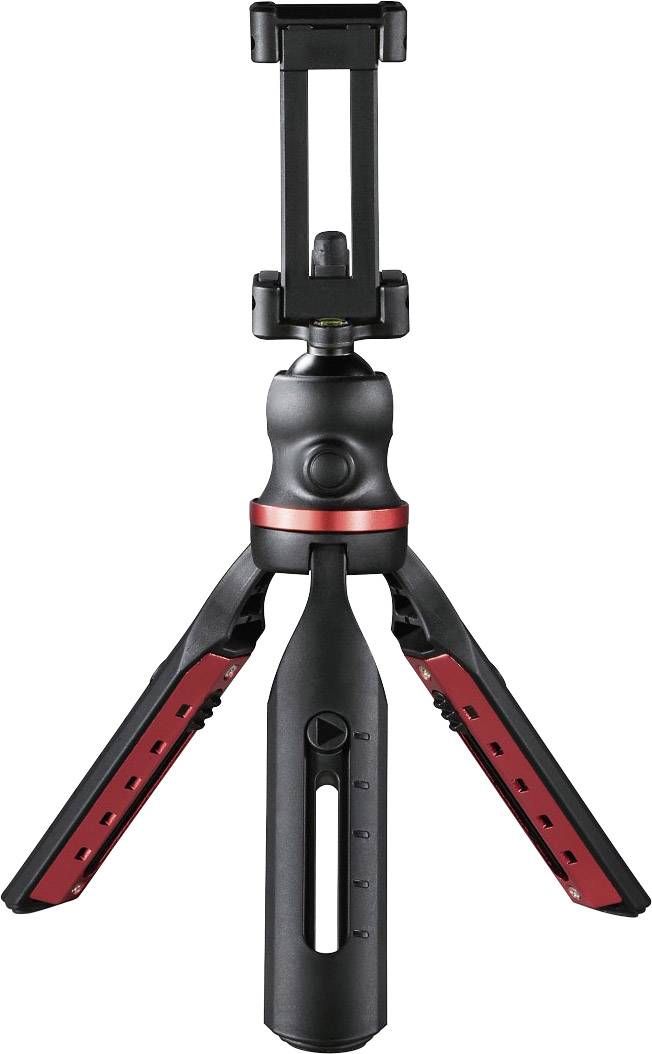 Tripod with red and black design, extended three-legged base, telescopic mounting bracket at the top for smartphone attachment.