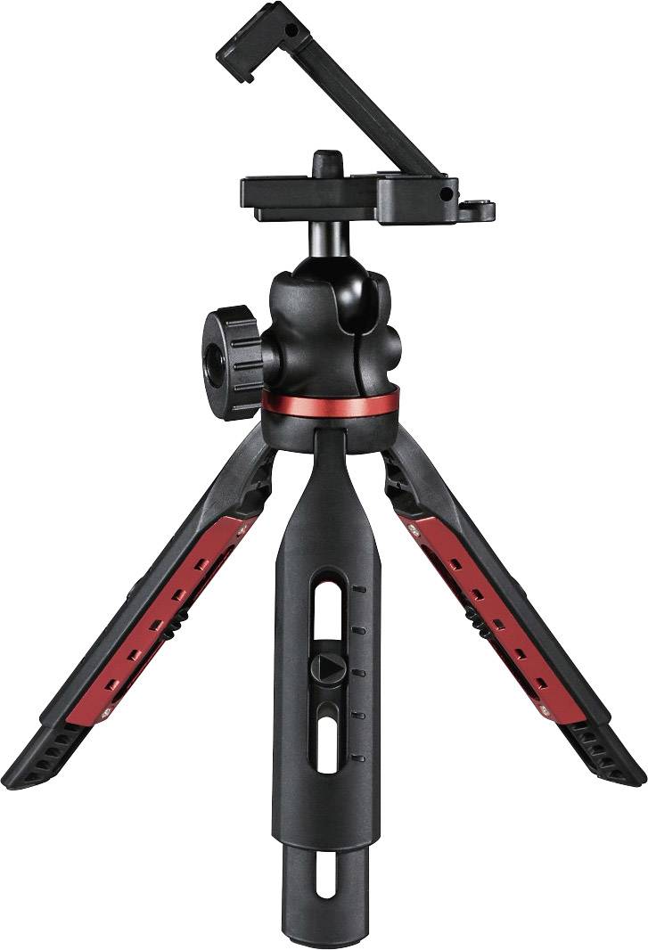 A black and red table tripod with adjustable legs and a rotatable head for mounting cameras or smartphones.