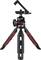 A black and red table tripod with adjustable legs and a rotatable head for mounting cameras or smartphones.