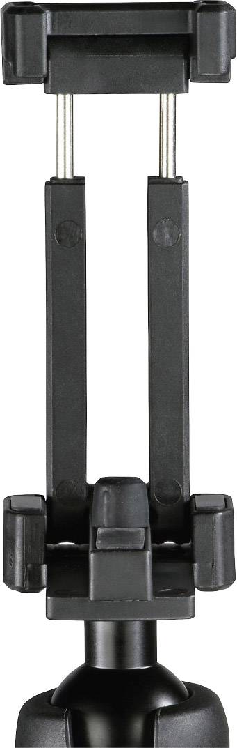 Black mobile phone holder with adjustable arms, suitable for mounting on tripods, shows front view with clamp at top and bottom.