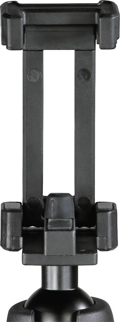 A black mobile phone holder with an adjustable clip and ball joint, suitable for various smartphone sizes.