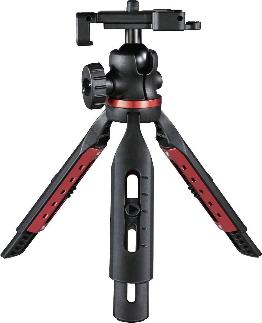 A black and red table tripod with adjustable legs and a swivel joint for camera mounting.
