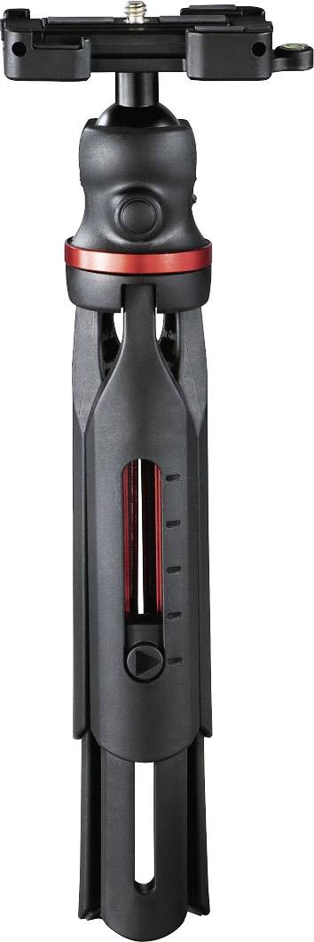 Black and red, compact tripod with three legs in folded position, suitable for cameras and smartphones for stable shooting.