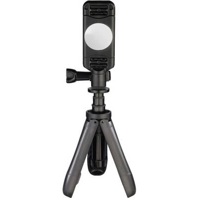A black tripod with a black smartphone holder in a vertical position. Ideal for stable mobile phone recordings.