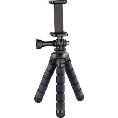Tripod with flexible foam grip and adjustable mounting bracket for smartphones and compact cameras.
