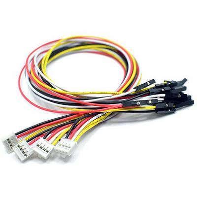 'Various colourful cables with white connectors at the ends, often used for electronic projects or computer applications.'