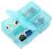 A blue plastic storage box with multiple compartments containing electronic components such as LEDs and resistors.