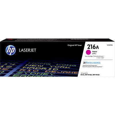 'HP LaserJet Toner 216A Magenta' Packaging, compatible with HP LaserJet Pro models M155, MFP M182, MFP M183, featuring JetIntelligence technology.