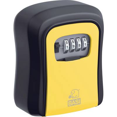 A black and yellow combination lock box with the brand 'BASI' and a visible dial set to '0198'.