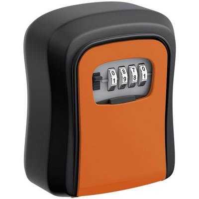 Black and orange number code key safe with four-digit combination, suitable for secure key storage.