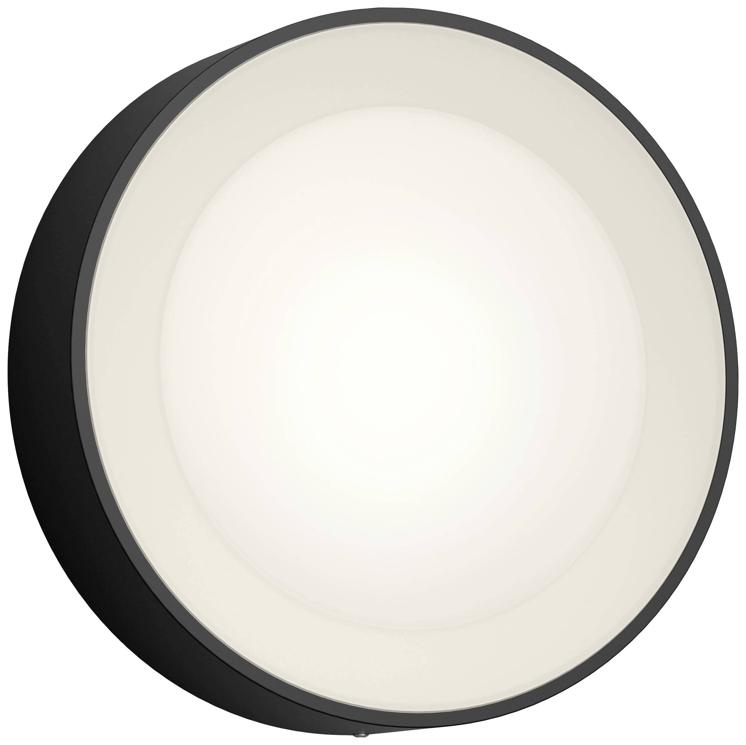 Black round wall light with a soft, even light glow in the centre, suitable for modern interiors.