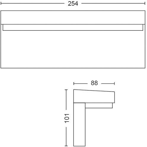 Technical drawing of a rectangular object with dimensions: width 254, height 101, depth 88. Profile view bottom right.