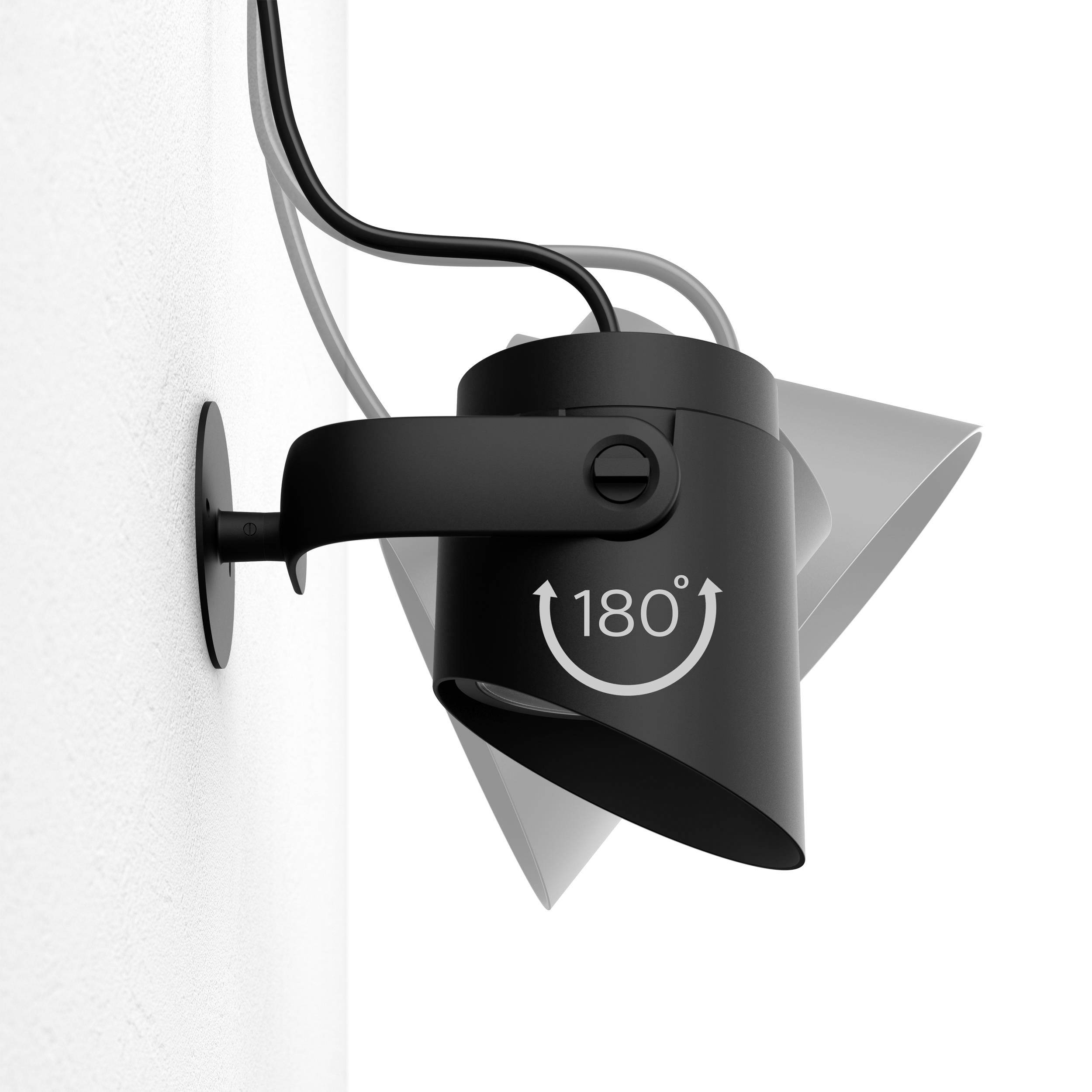 A black lamp on a wall bracket, which is rotatable by 180 degrees, with a cable leading upwards.