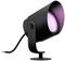 Black, cylindrical spotlight with adjustable stand, emits violet light. Ideal for accent lighting.