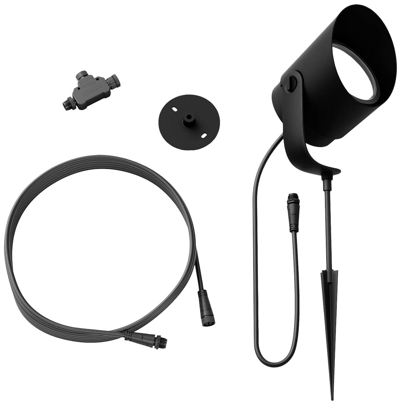 A black LED garden spotlight with ground spike, cable, connector piece, and mounting plate, suitable for outdoor lighting.