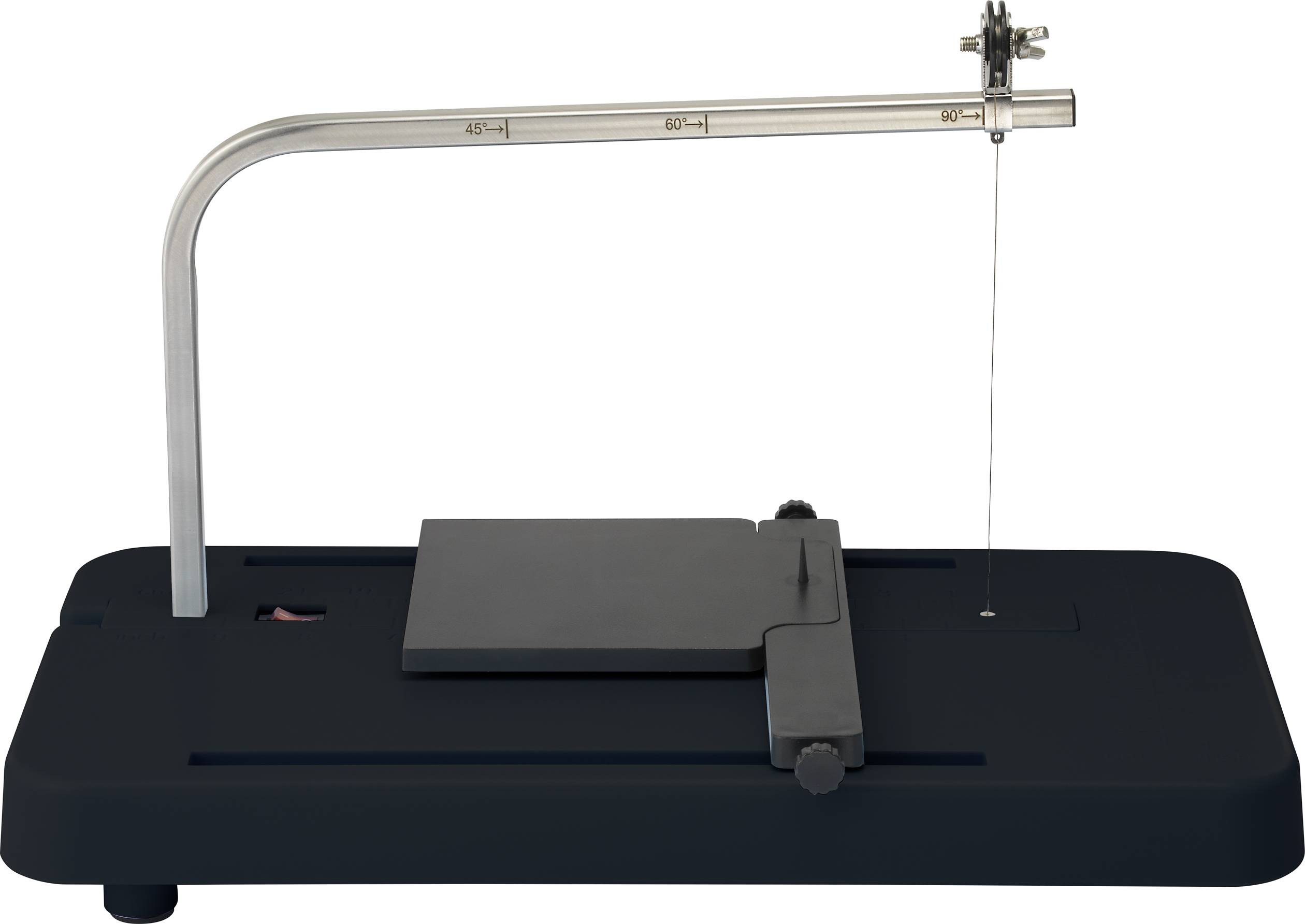 A cutting apparatus for laboratory use with a thin, vertical blade, a scale for measurements, and a rectangular base.