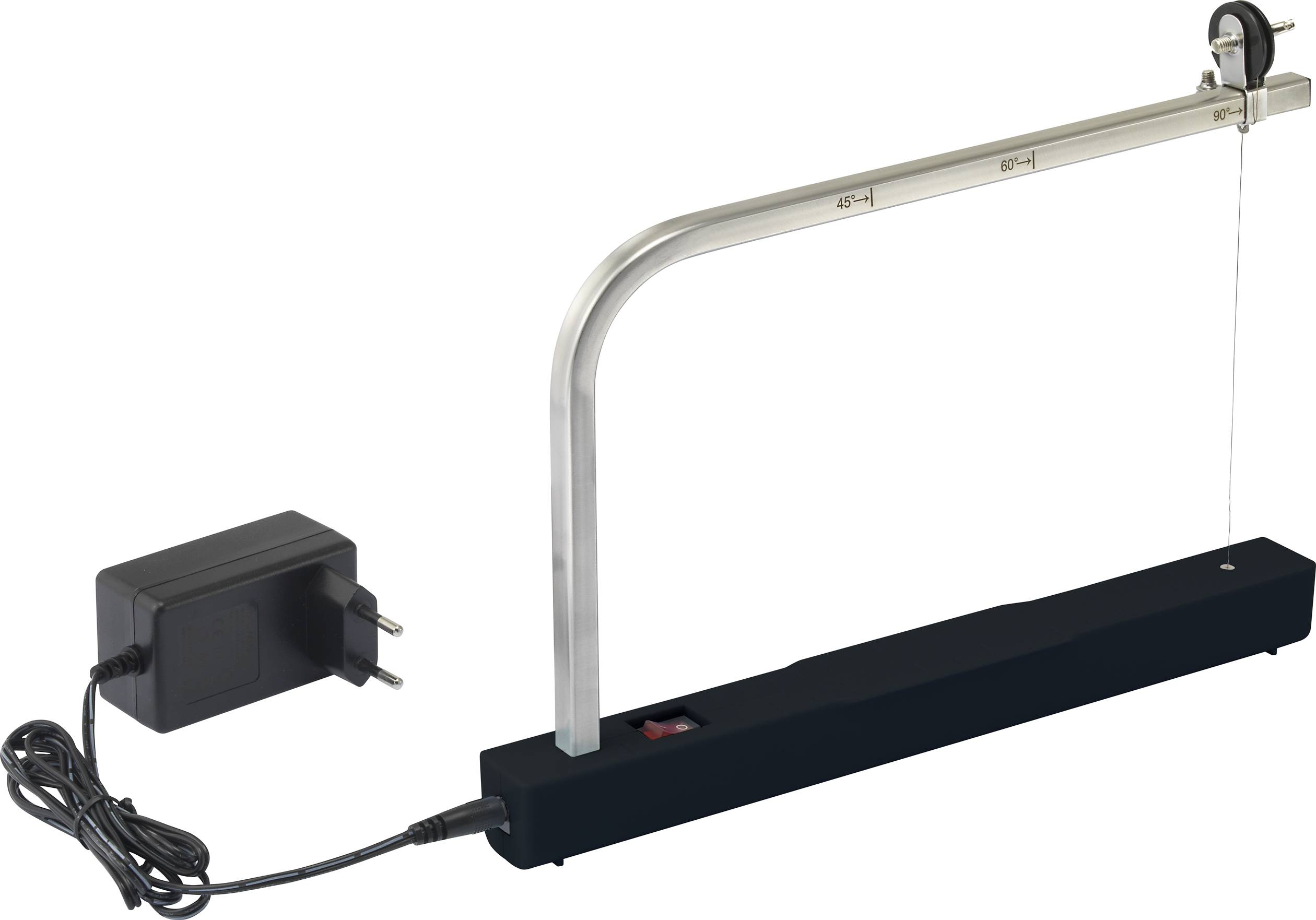 A floating arc display with power supply. Device demonstrates magnetic levitation of a rod above a base.