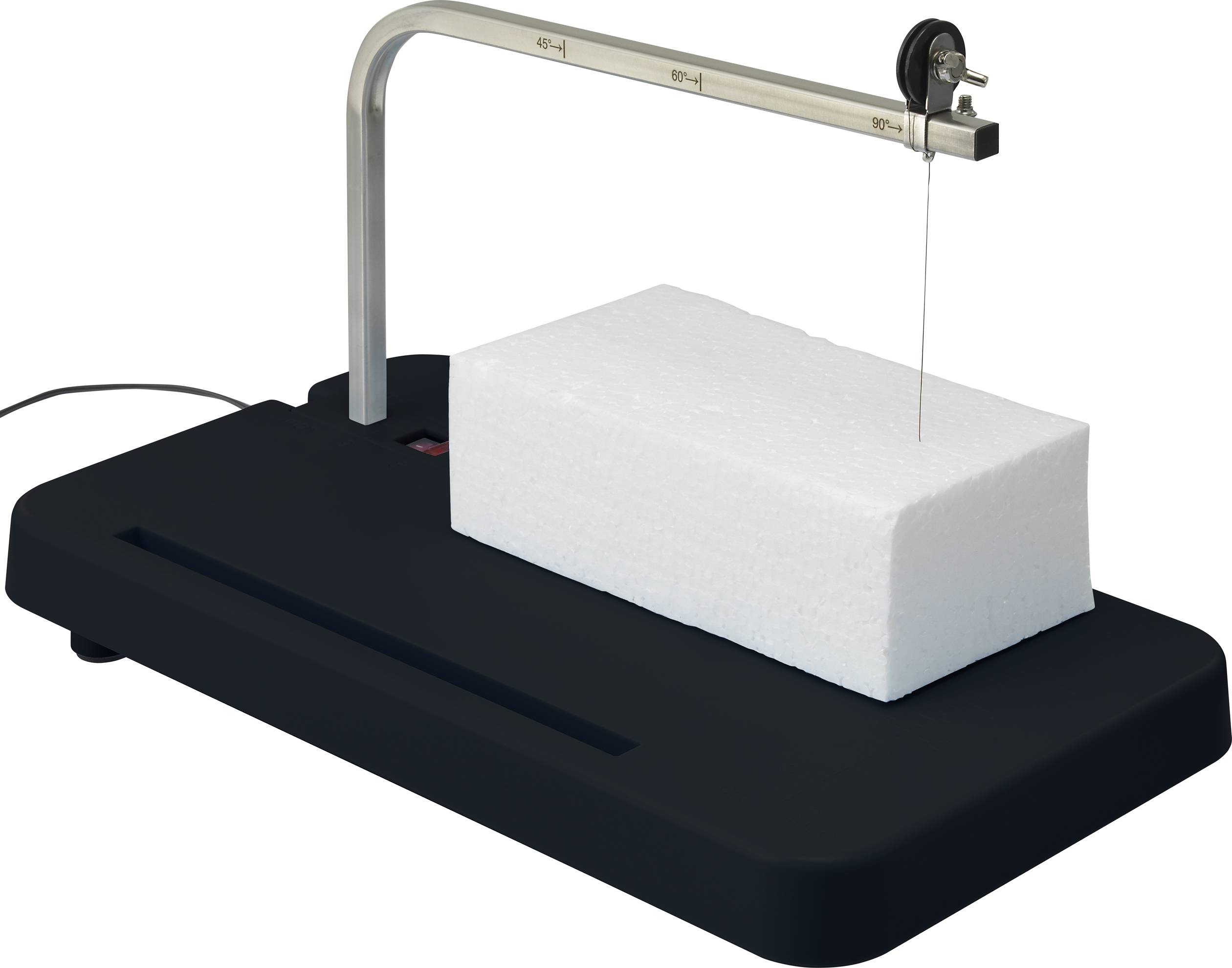 A polystyrene cutter with a wire and black base shows a white polystyrene block being cut.