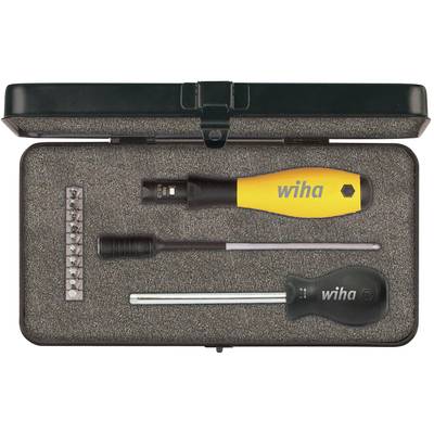 Tool set with a yellow screwdriver handle, black grip, long bit extension and socket attachments in a case.