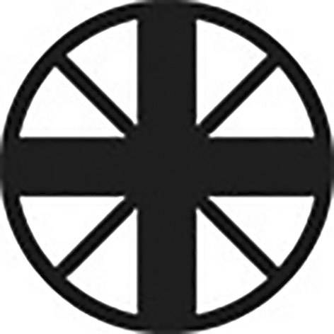 'Black disc with eight equal-length white rays, symbolising a cement tool.'