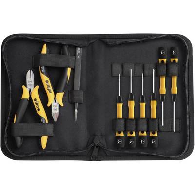 Tool set in a black bag, comprising pliers, tweezers and screwdrivers with orange handles.