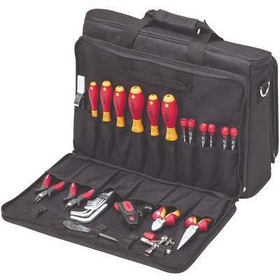 A black tool bag containing red and yellow screwdrivers, pliers and other tools arranged in various compartments.