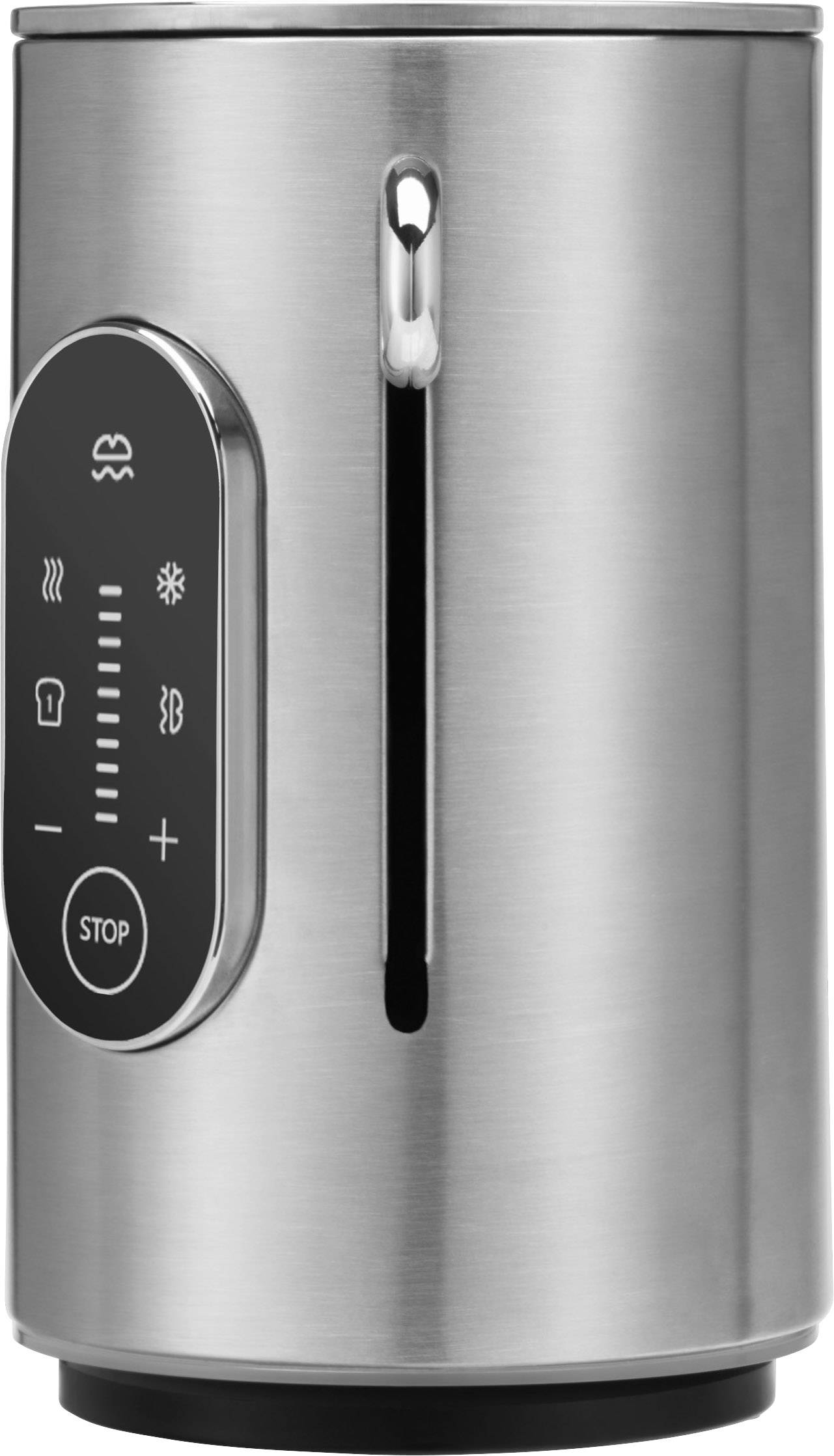 A silver electric milk frother with a control panel and temperature display on the side, black base underneath.