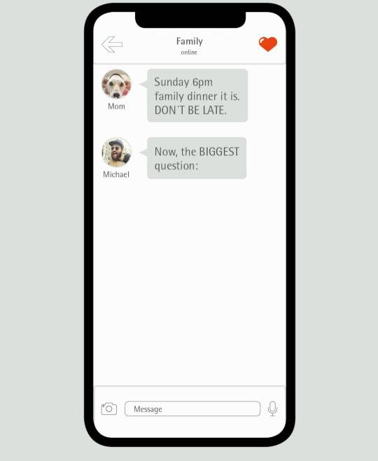 Smartphone display with a family chat message: 'Sunday 6pm Family Meal. DON'T BE LATE.' From 'Mum'.