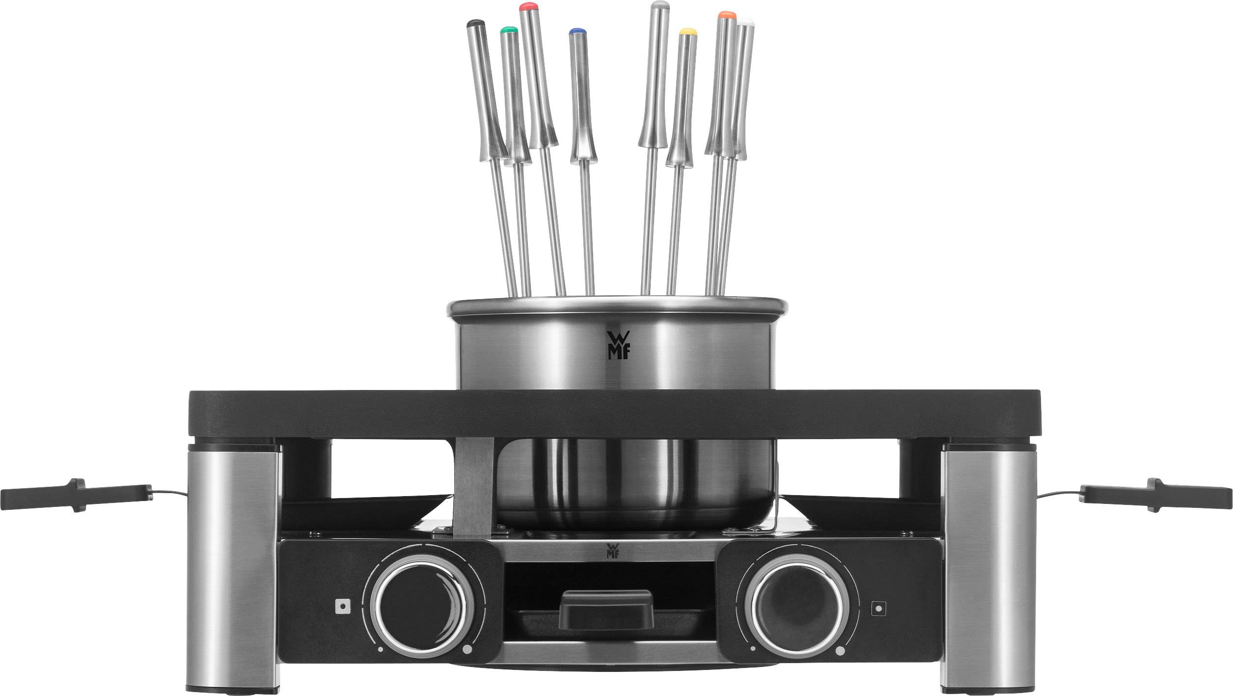 Fondue set with twelve forks inserted in a central pot, placed on an electric heating device with two controls.
