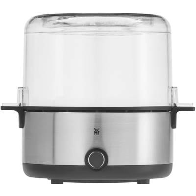 A silver egg boiler with a transparent lid, suitable for cooking multiple eggs simultaneously.