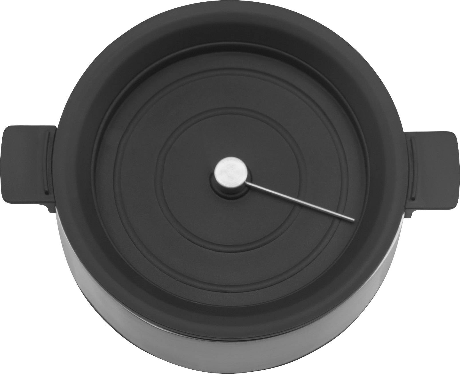 Modern black cooking pot with lid and metal handle, viewed from above. Suitable for induction and gas hobs.