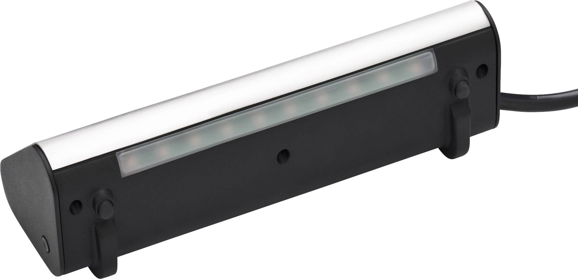 A rectangular, black LED light with a silver top, suitable for desk illumination.