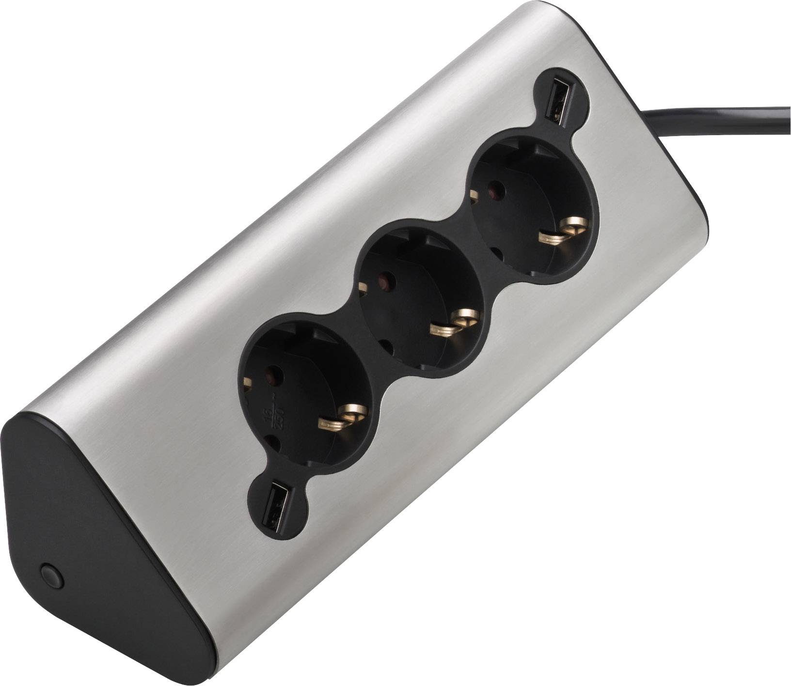 A triple metal socket strip with three round socket outlets and a black cable on the right-hand side.