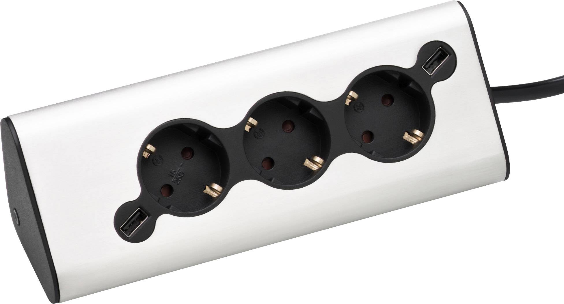 A multi-socket extension lead with three Schuko power sockets and two USB ports, suitable for electronic devices.