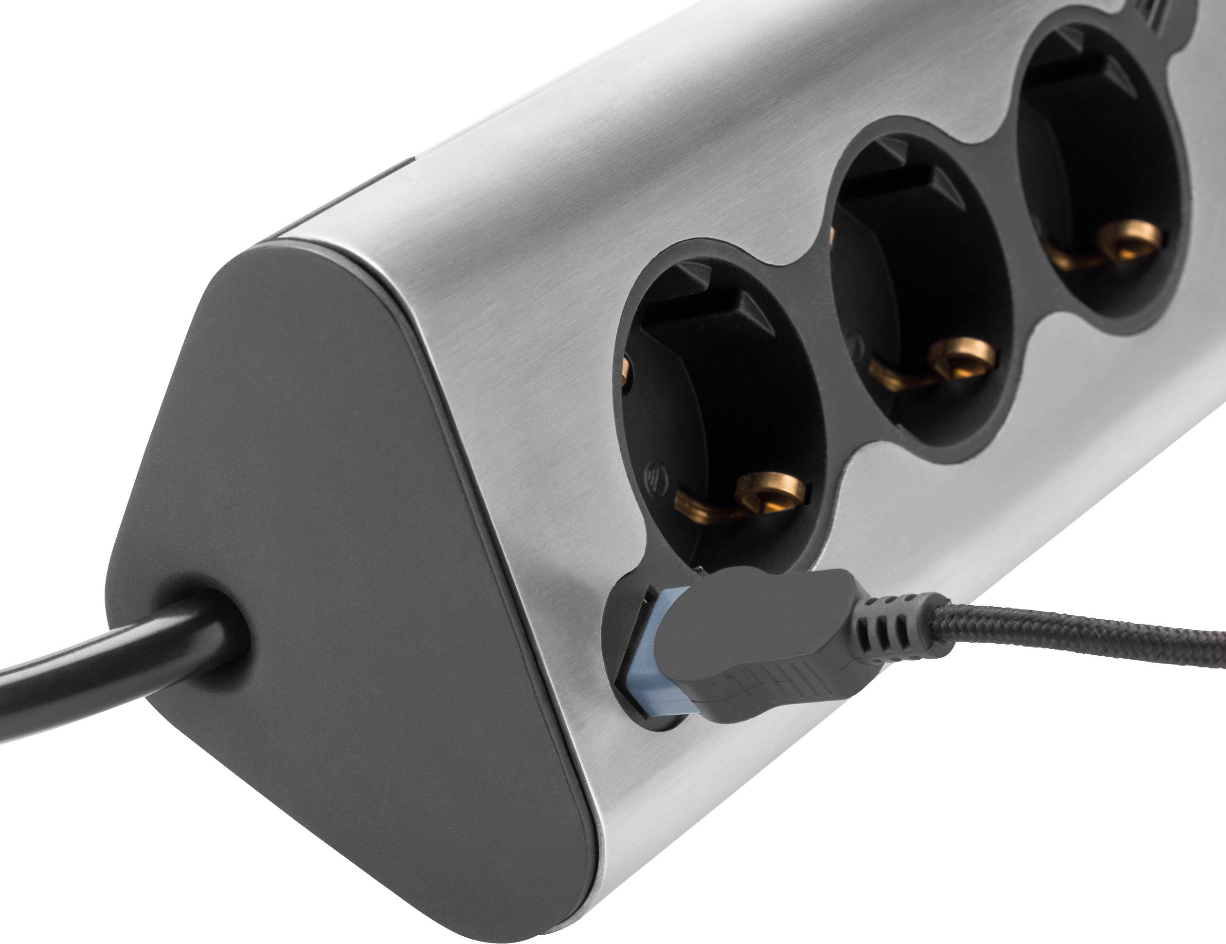 A metal power strip with multiple sockets, with a cable connected to it.