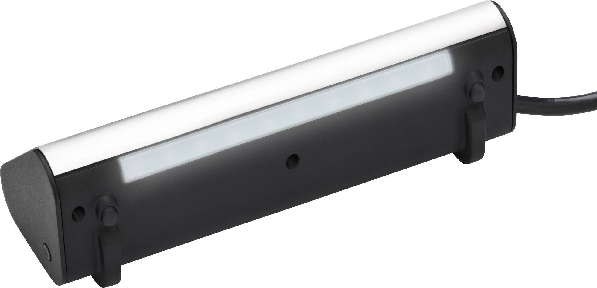 Black elongated LED light with white light bar, suitable for work surface illumination, with two side mounting points.