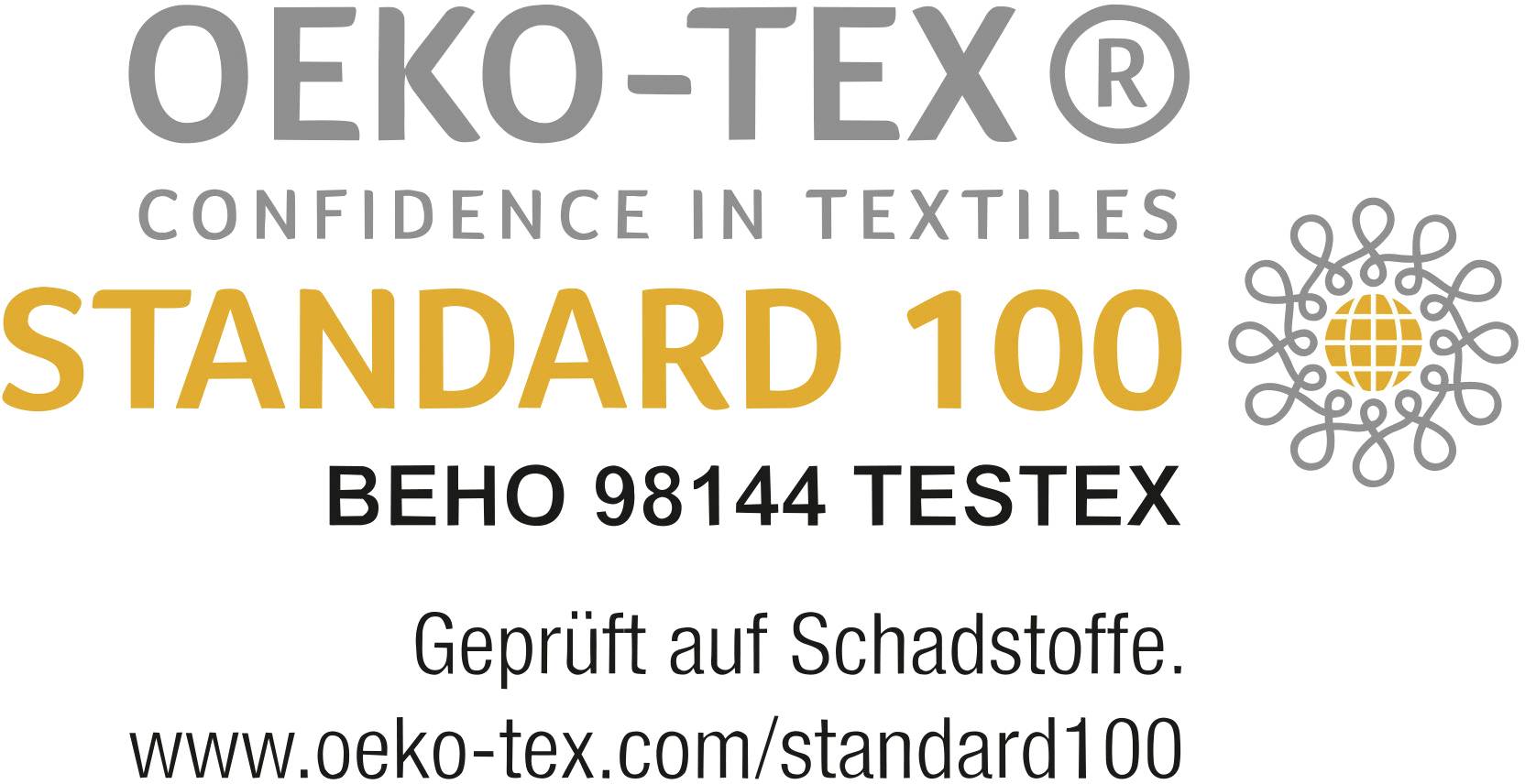 "OEKO-TEX Standard 100" logo with text 'Tested for Harmful Substances'. Website: www.oeko-tex.com/standard100.