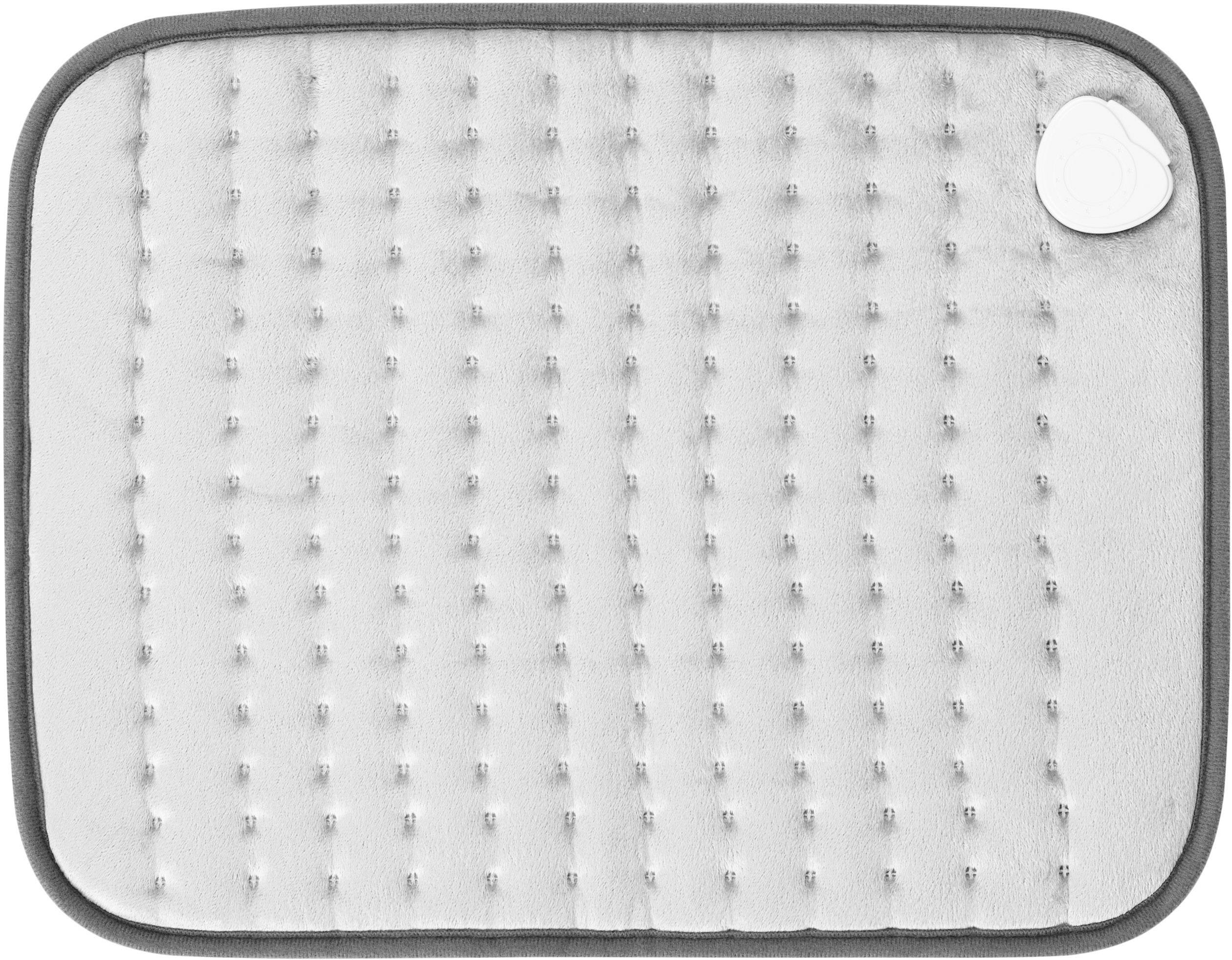 A rectangular, grey heating blanket with a textured surface and rounded corners. A small control button is located in the top right corner.