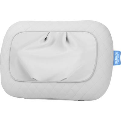 Massage cushion in white leather design with a diamond-quilted texture and a blue label on the side. Suitable for neck and back massage.