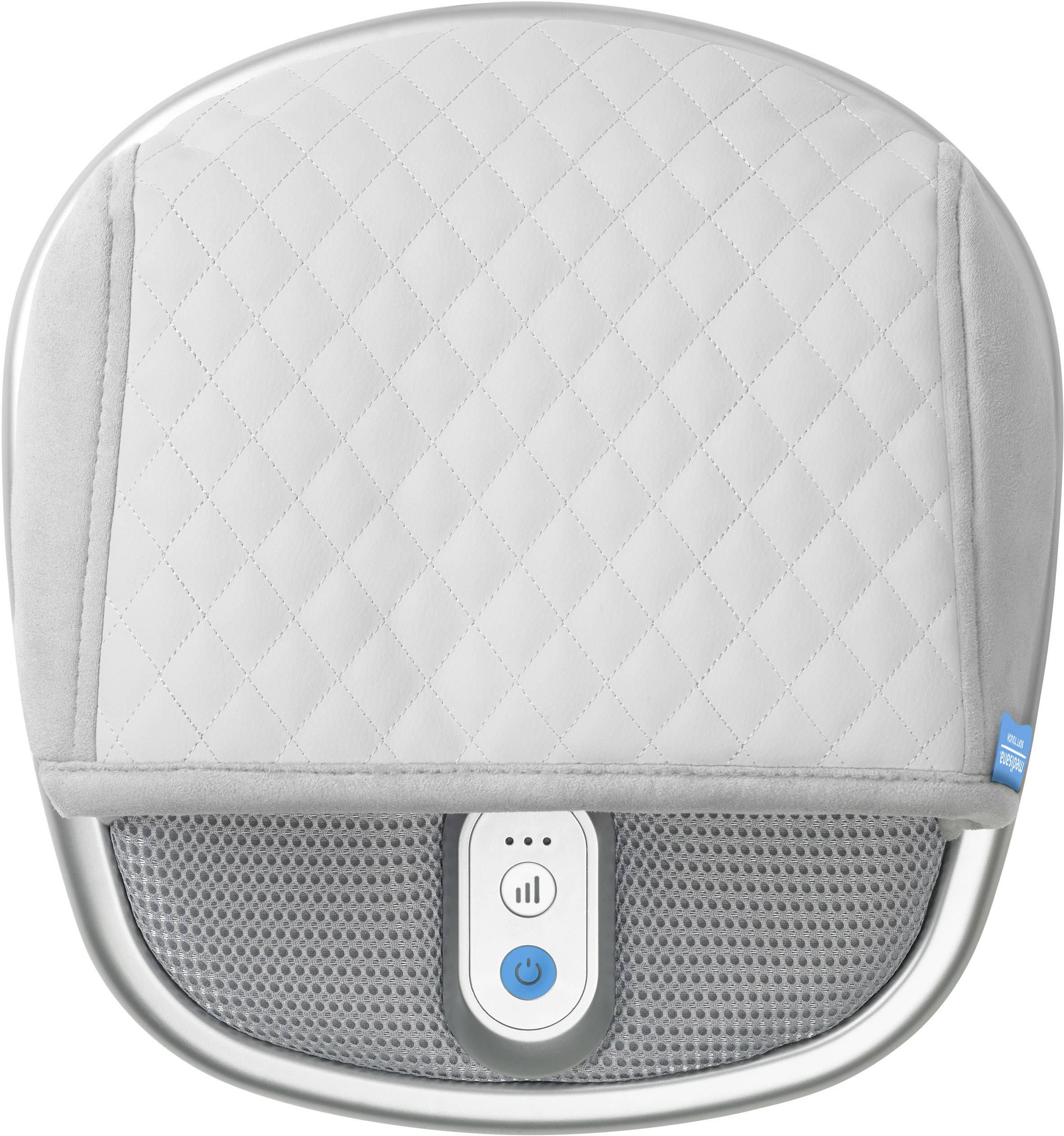 Foot massage device with padded, quilted cover and control elements. Ideal for relaxation and improving circulation.