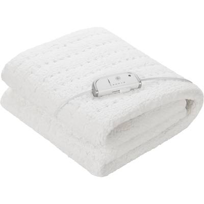 White, folded heated blanket with control unit in the centre. The blanket has a textured surface.