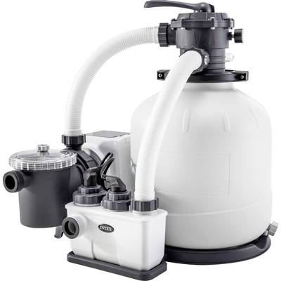 Sand filter pump with hoses and valves, used for water purification in swimming pools. Brand label visible on one component.