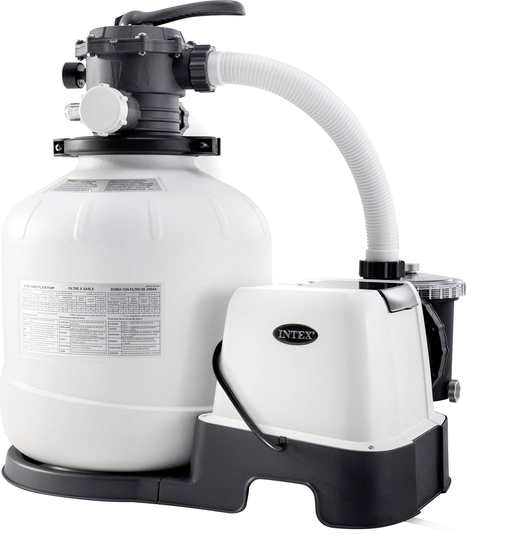 'Sand filter system with white tank and black details, ideal for pool cleaning. With transparent lid and connected hose.'
