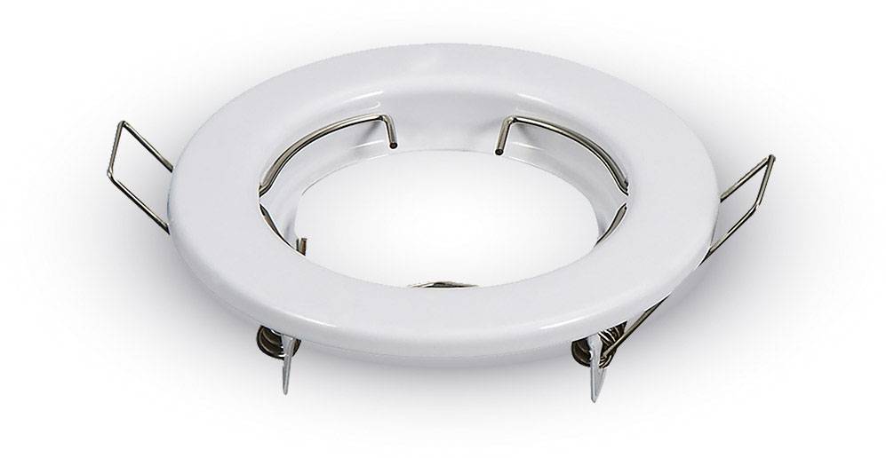 A white, round recessed frame for LED spotlights with four metal clips for ceiling mounting, set against a white background.