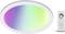 Oval LED ceiling light with rainbow colours and remote control for adjusting the light colour.