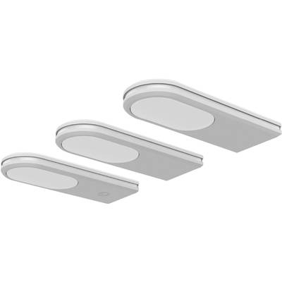 Three white, oval LED ceiling lights. They showcase the various sizes and shapes of the lights in a diagonal arrangement.