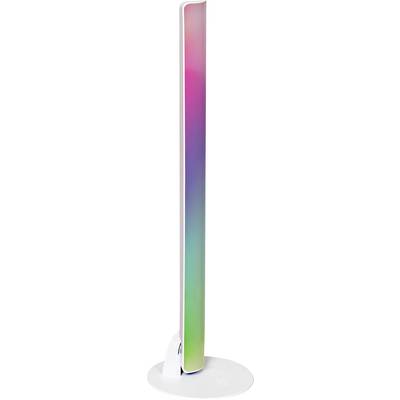 Slender LED light bar with a gradient transitioning from pink to green, positioned upright on a white stand.
